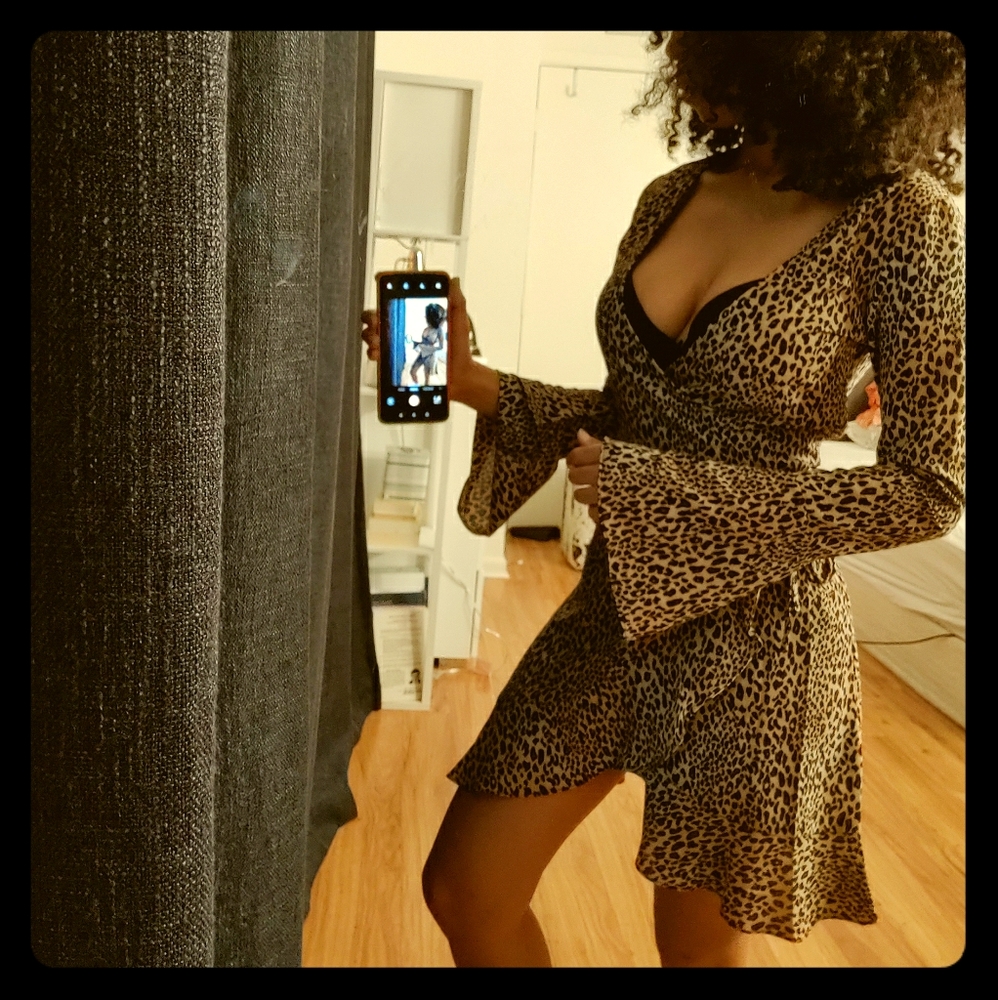 Animal Print Wrap Ruffle Dress